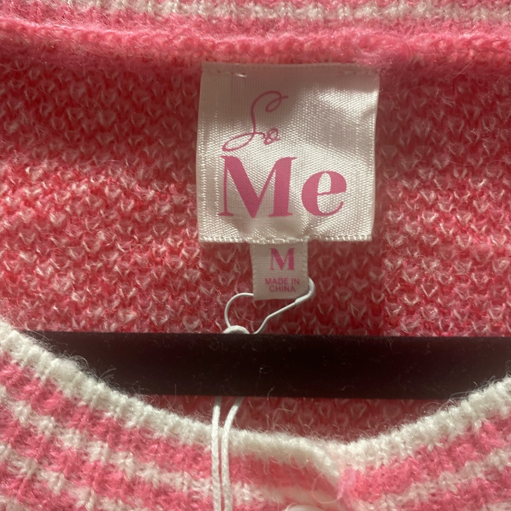 So Me Pink White Ruffle Bow Button Front Soft Pastel Cardigan Sweater Medium - Picture 6 of 8